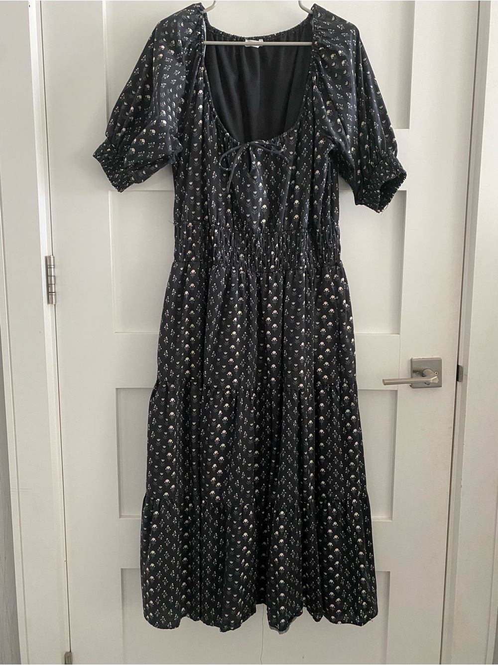 Neuflora Smocked Black Floral Midi Dress with Tie Neck